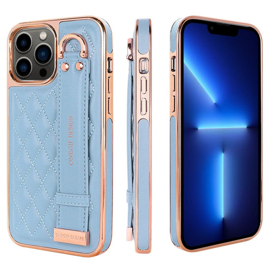 Pour iPhone 13 Pro VIETAO Coque de téléphone en PU texturé losanges avec dragonne (Bleu)