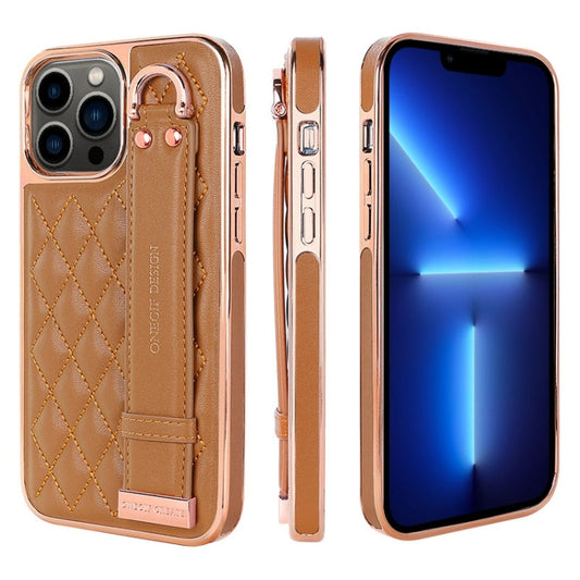 Pour iPhone 13 Pro VIETAO Étui de Téléphone en PU avec Bracelet, Texture Rhombique (Marron)