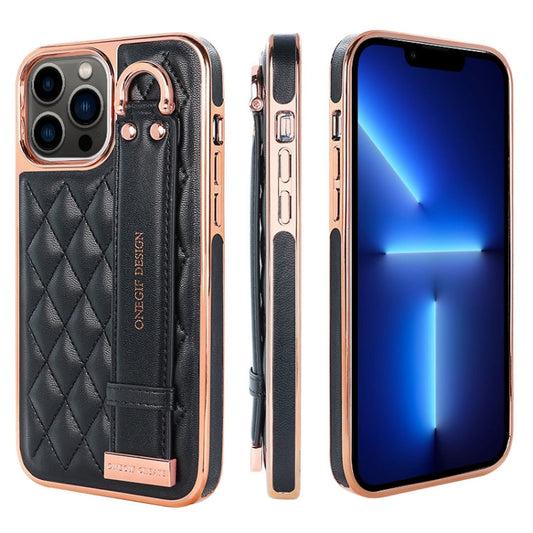 Pour iPhone 13 Pro VIETAO Coque de téléphone en PU à texture rhomboïdale avec dragonne (Noir)