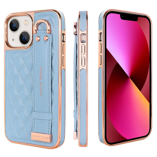 Pour iPhone 13, étui de téléphone en PU texturé losange avec dragonne VIETAO (bleu)