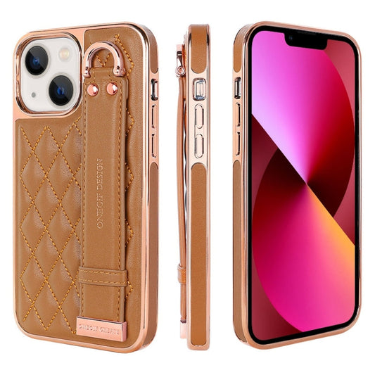 Pour iPhone 13 VIETAO Étui de téléphone en PU à texture rhomboïde avec dragonne (marron)