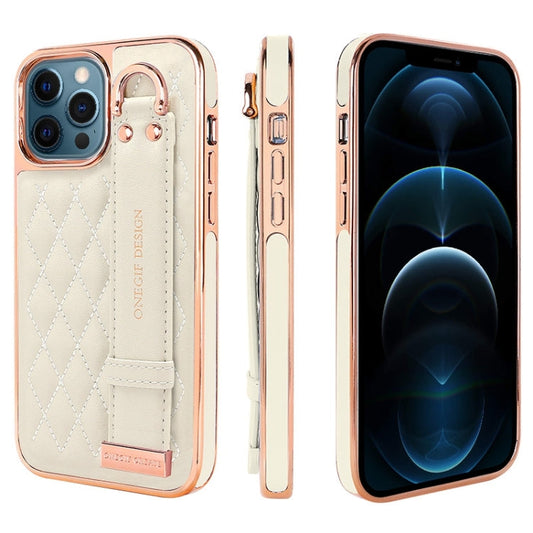 Pour iPhone 12 Pro Max Étui de téléphone en cuir PU avec bracelet texture rhomboïde VIETAO (Blanc)