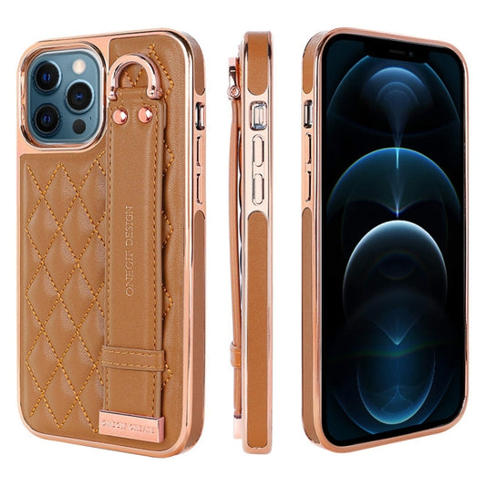 Pour iPhone 12 Pro Max VIETAO Housse de téléphone en PU avec bracelet texturé losange (marron)
