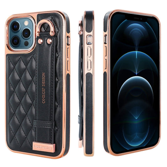 Pour iPhone 12 Pro Max Étui de téléphone en cuir PU avec bracelet à texture rhomboïdale VIETAO (noir)