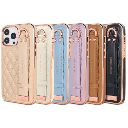 For iPhone 13 VIETAO Rhombic Texture Wristband PU Phone Case(Pink)