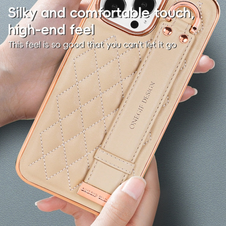 For iPhone 12 Pro Max VIETAO Rhombic Texture Wristband PU Phone Case(Pink)