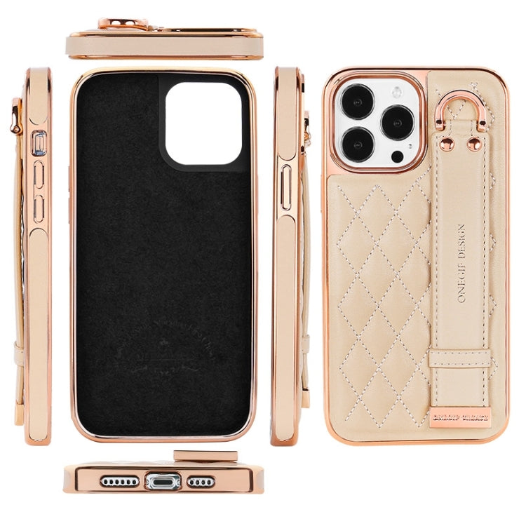 For iPhone 13 VIETAO Rhombic Texture Wristband PU Phone Case(Pink)
