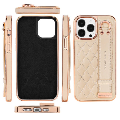 For iPhone 13 VIETAO Rhombic Texture Wristband PU Phone Case(Pink)