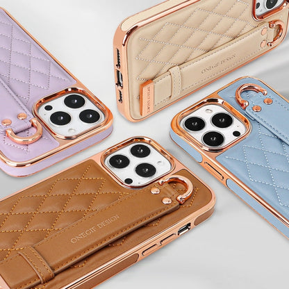 For iPhone 14 VIETAO Rhombic Texture Wristband PU Phone Case(Purple)