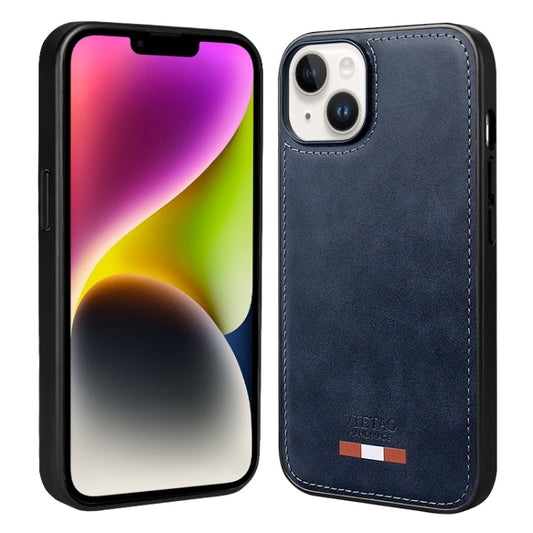 Pour iPhone 14 Plus Étui de téléphone en PU avec surpiqûres en cuir uni VIETAO (bleu)