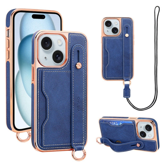 For iPhone 15 VIETAO Card Slot Wristband Phone Case with Lanyard(Blue)