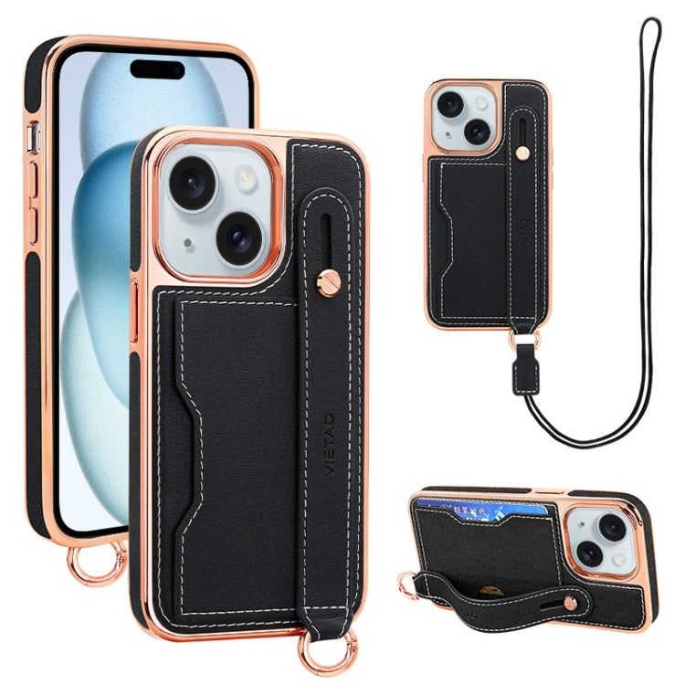 For iPhone 15 VIETAO Card Slot Wristband Phone Case with Lanyard(Black)