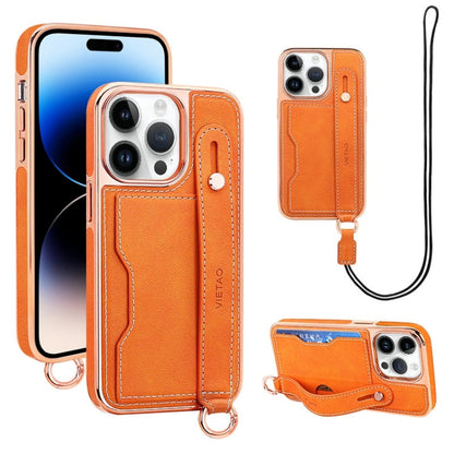 For iPhone 14 Pro VIETAO Card Slot Wristband Phone Case with Lanyard(Orange)