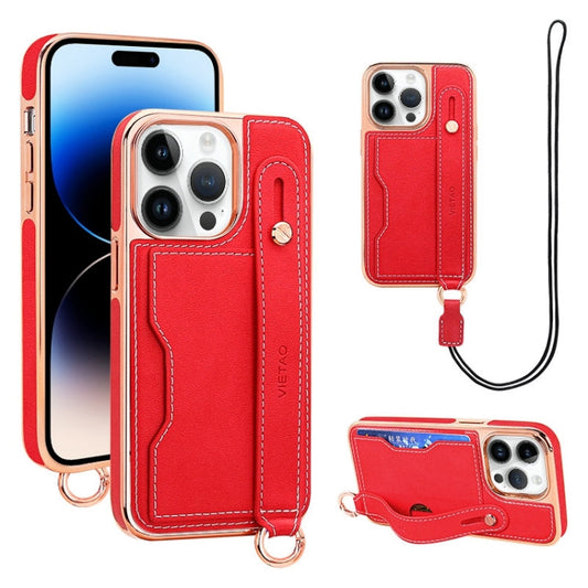 For iPhone 14 Pro VIETAO Card Slot Wristband Phone Case with Lanyard(Red)
