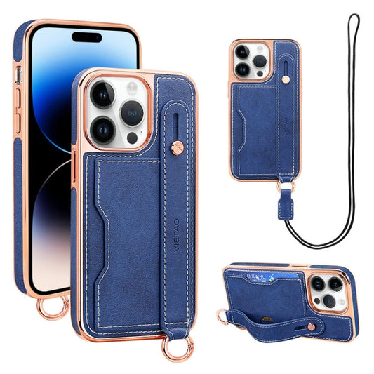 Pour iPhone 14 Pro Max Étui de téléphone VIETAO avec fente pour carte et dragonne (bleu)