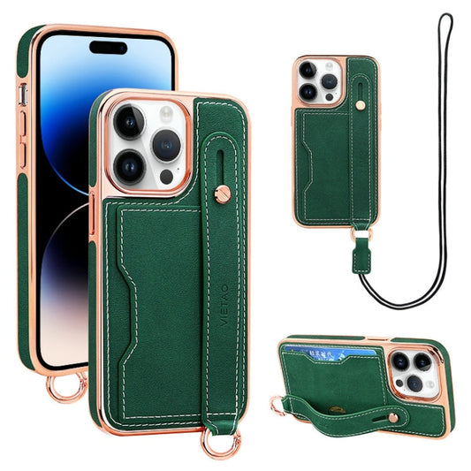 Pour iPhone 14 Pro Max VIETAO Coque de téléphone avec emplacement pour carte et dragonne (vert)
