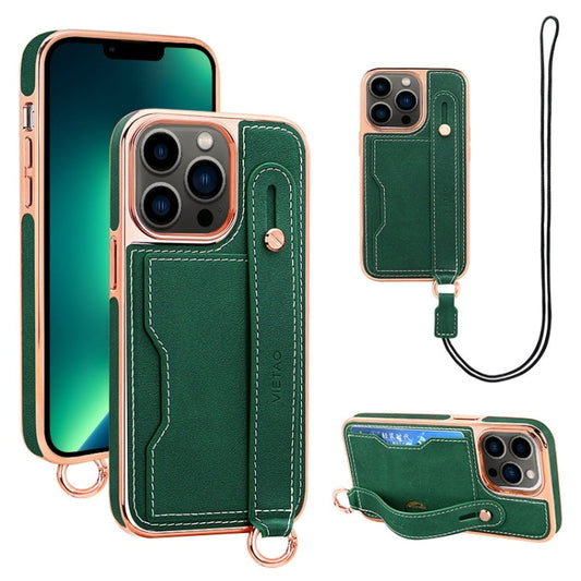 Pour iPhone 13 Pro Max Étui de téléphone VIETAO avec fente pour carte, dragonne et cordon (vert)