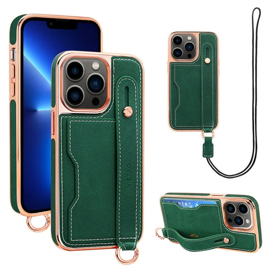 Pour iPhone 13 Pro VIETAO Étui de téléphone à fente pour carte et dragonne (Vert)