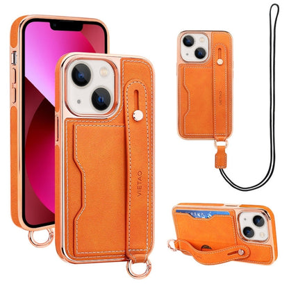 For iPhone 13 VIETAO Card Slot Wristband Phone Case with Lanyard(Orange)