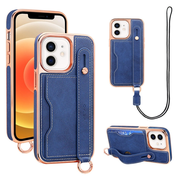 For iPhone 12 / 12 Pro VIETAO Card Slot Wristband Phone Case with Lanyard(Blue)