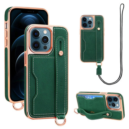 For iPhone 12 Pro Max VIETAO Card Slot Wristband Phone Case with Lanyard(Green)