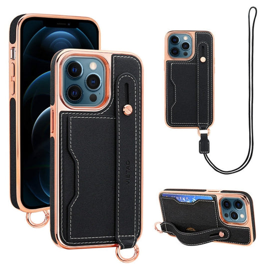 Pour iPhone 12 Pro Max Étui de téléphone avec fente pour carte et bracelet VIETAO avec cordon (Noir)