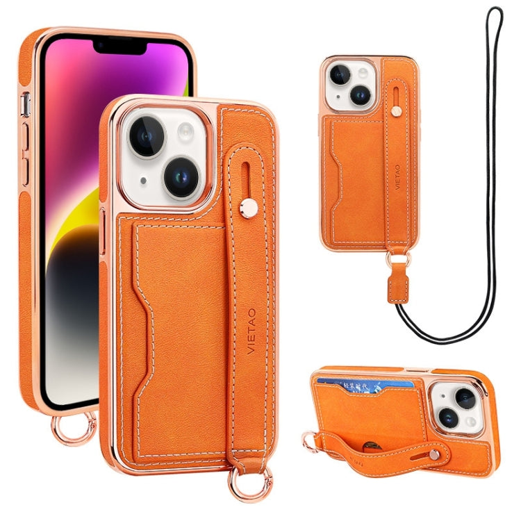 Pour iPhone 14 Plus Étui de téléphone VIETAO avec fente pour carte et dragonne (Orange)