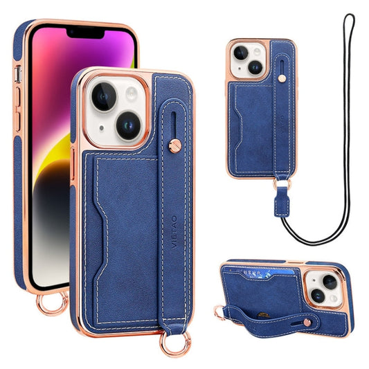 Pour iPhone 14 Plus Étui de téléphone VIETAO avec fente pour carte et dragonne (Bleu)