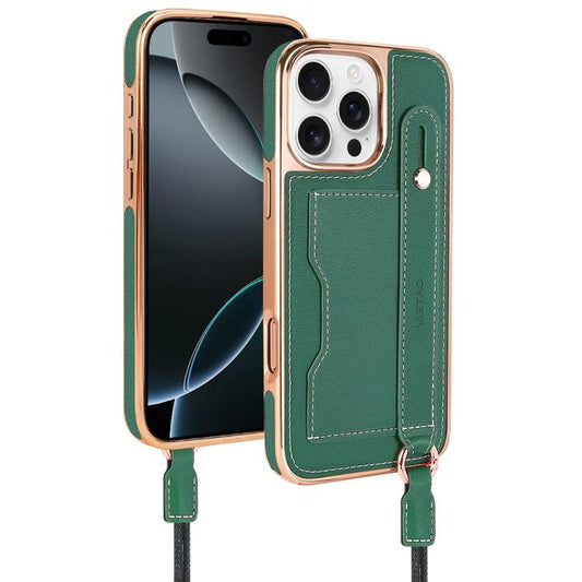 For iPhone 16 Pro Max VIETAO Card Slot Wristband Phone Case with Lanyard(Green)