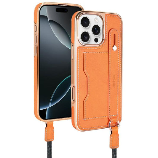 For iPhone 16 Pro VIETAO Card Slot Wristband Phone Case with Lanyard(Orange)