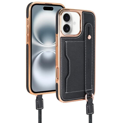 For iPhone 16 Plus VIETAO Card Slot Wristband Phone Case with Lanyard(Black)