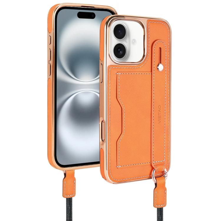 For iPhone 16 VIETAO Card Slot Wristband Phone Case with Lanyard(Orange)