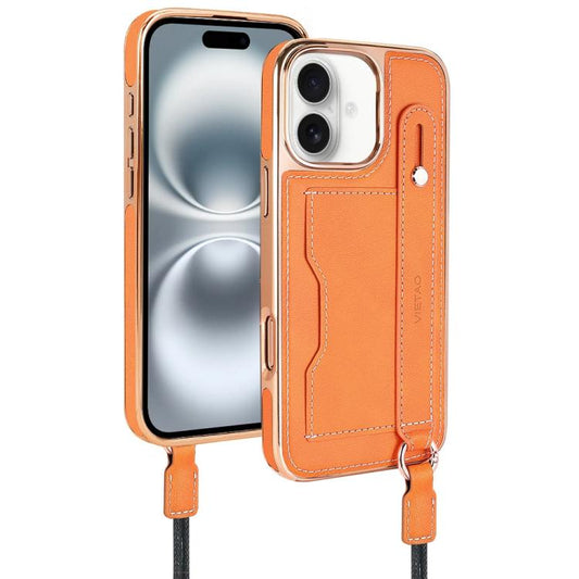 For iPhone 16 VIETAO Card Slot Wristband Phone Case with Lanyard(Orange)