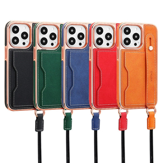 For iPhone 16 Pro Max VIETAO Card Slot Wristband Phone Case with Lanyard(Orange)