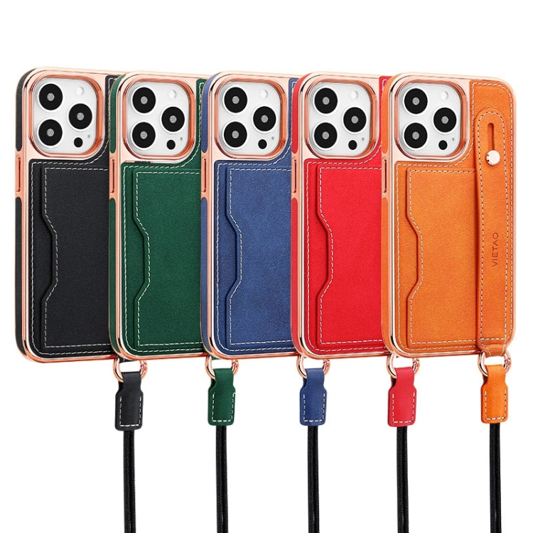 For iPhone 16 Plus VIETAO Card Slot Wristband Phone Case with Lanyard(Red)