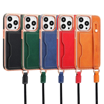 For iPhone 16 Plus VIETAO Card Slot Wristband Phone Case with Lanyard(Red)