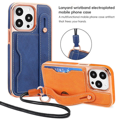 For iPhone 13 Pro VIETAO Card Slot Wristband Phone Case with Lanyard(Blue)