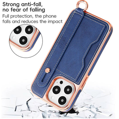 For iPhone 12 / 12 Pro VIETAO Card Slot Wristband Phone Case with Lanyard(Black)