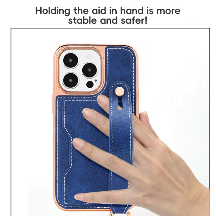 For iPhone 16 Pro Max VIETAO Card Slot Wristband Phone Case with Lanyard(Blue)