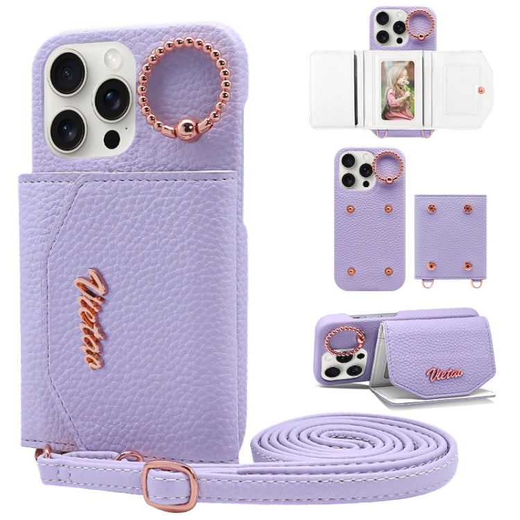 For iPhone 15 Pro Max VIETAO Ring Holder Card Bag Phone Case with Lanyard(Purple)