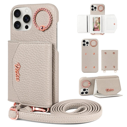 For iPhone 15 Pro VIETAO Ring Holder Card Bag Phone Case with Lanyard(Grey)