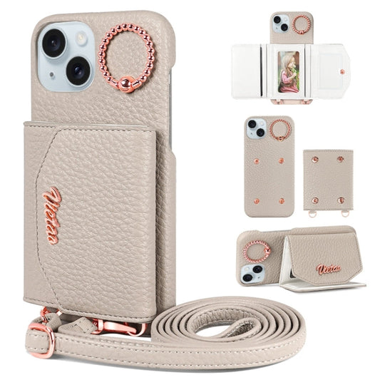 For iPhone 15 VIETAO Ring Holder Card Bag Phone Case with Lanyard(Grey)