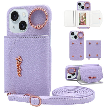 For iPhone 15 VIETAO Ring Holder Card Bag Phone Case with Lanyard(Purple)