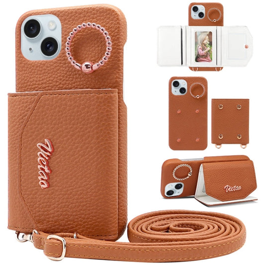 For iPhone 14 VIETAO Ring Holder Card Bag Phone Case with Lanyard(Brown)