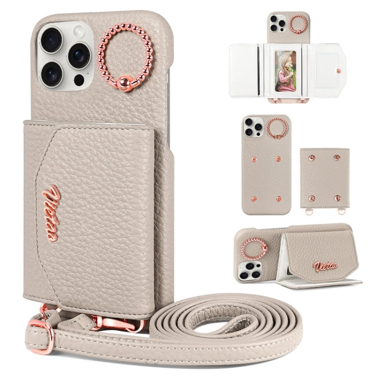 For iPhone 14 Pro Max VIETAO Ring Holder Card Bag Phone Case with Lanyard(Grey)