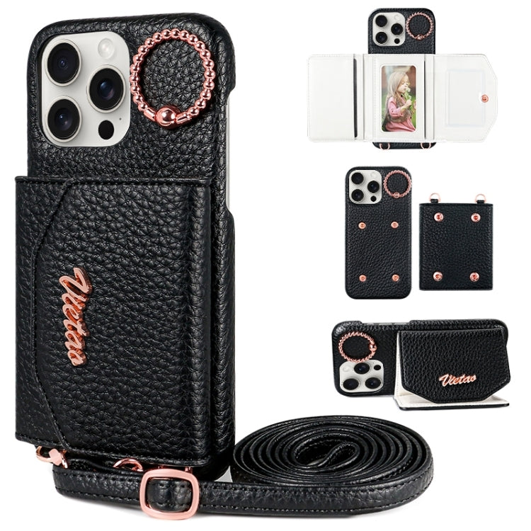 For iPhone 13 Pro VIETAO Ring Holder Card Bag Phone Case with Lanyard(Black)
