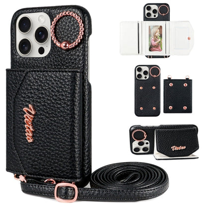 For iPhone 13 Pro VIETAO Ring Holder Card Bag Phone Case with Lanyard(Black)