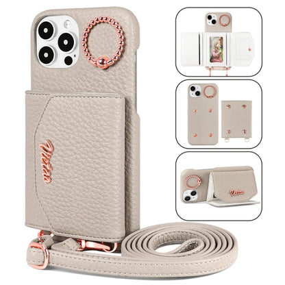 For iPhone 15 Pro VIETAO Ring Holder Card Bag Phone Case with Lanyard(Pink)