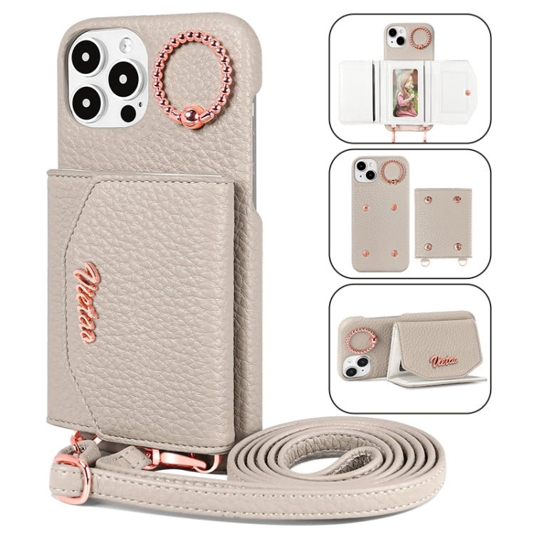 For iPhone 15 Pro Max VIETAO Ring Holder Card Bag Phone Case with Lanyard(Purple)