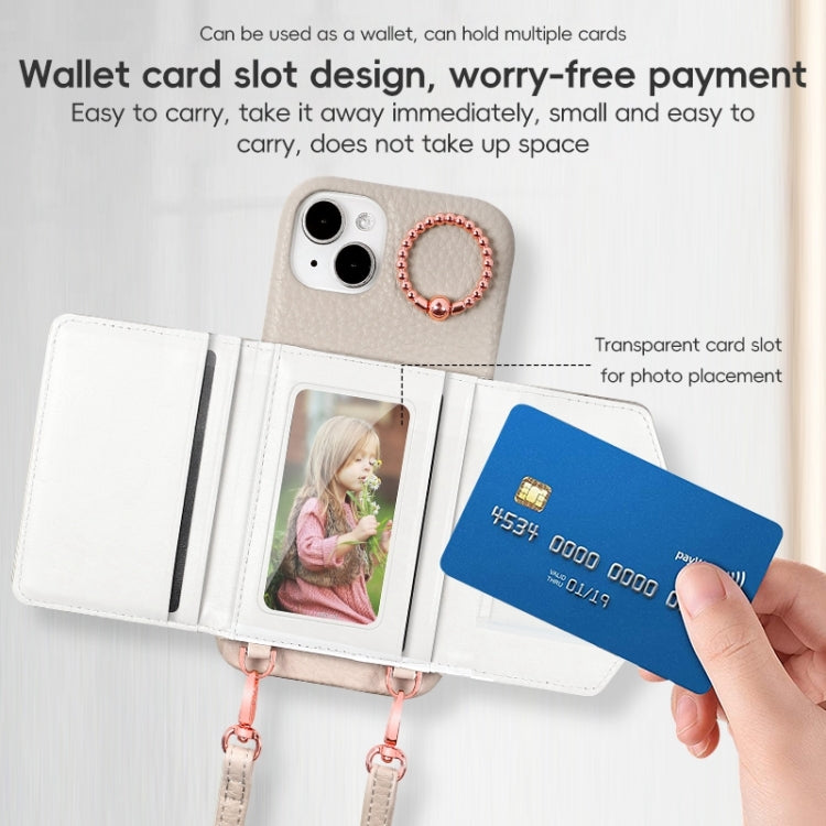 For iPhone 15 VIETAO Ring Holder Card Bag Phone Case with Lanyard(White)